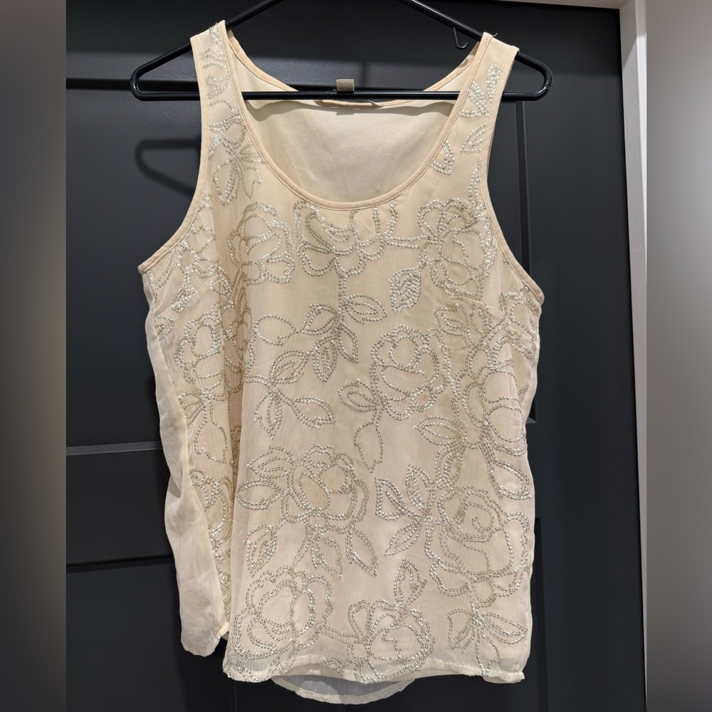 LC Lauren Conrad Cream Floral Beaded Tank Top